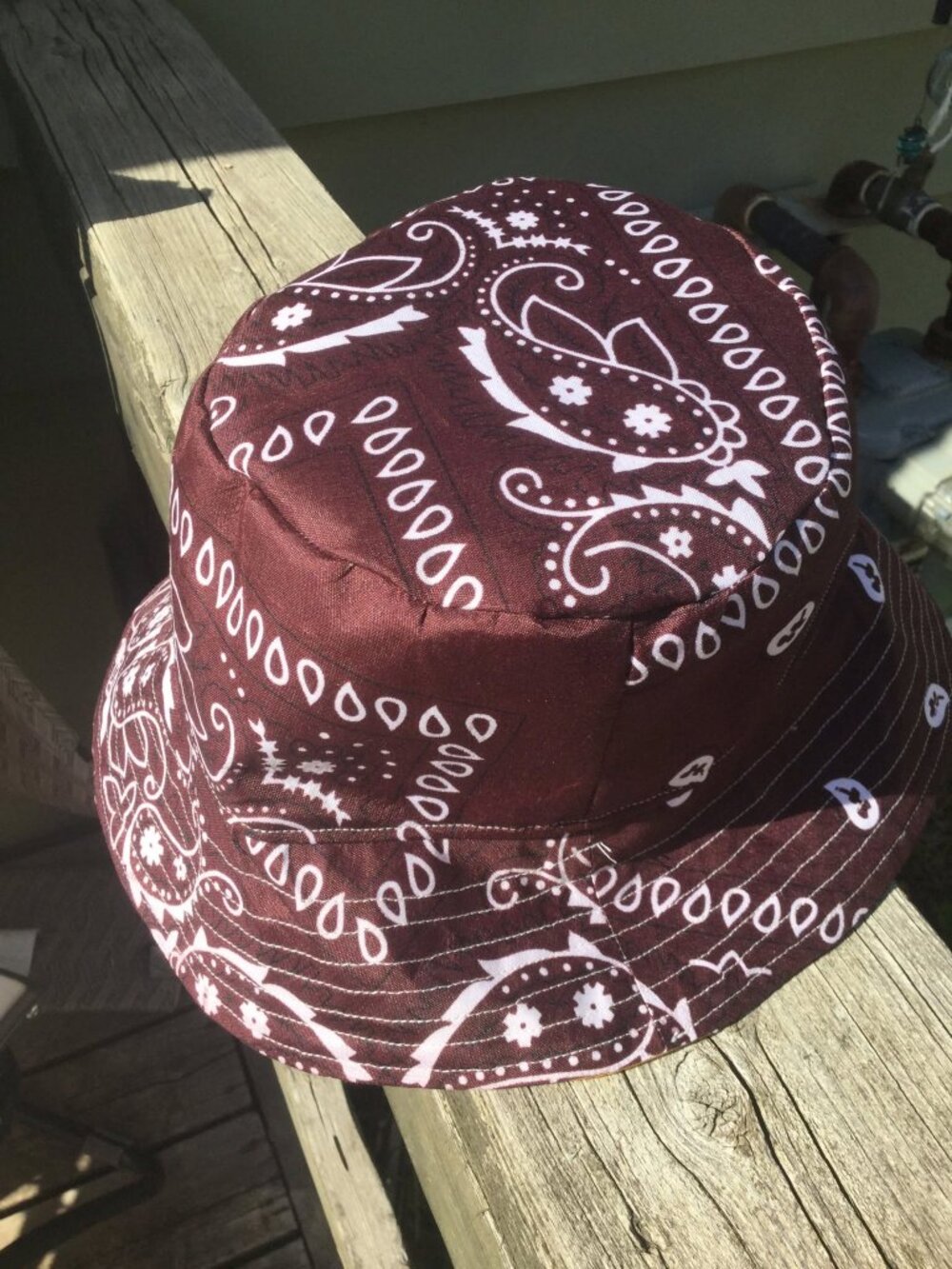 Hand made adult size bandana bucket hat one side brown and the other yellow